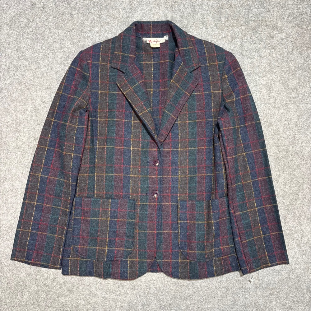Vintage Misty Lane Plaid Wool Blend Blazer Jacket Multi Color Size 13 Academic
